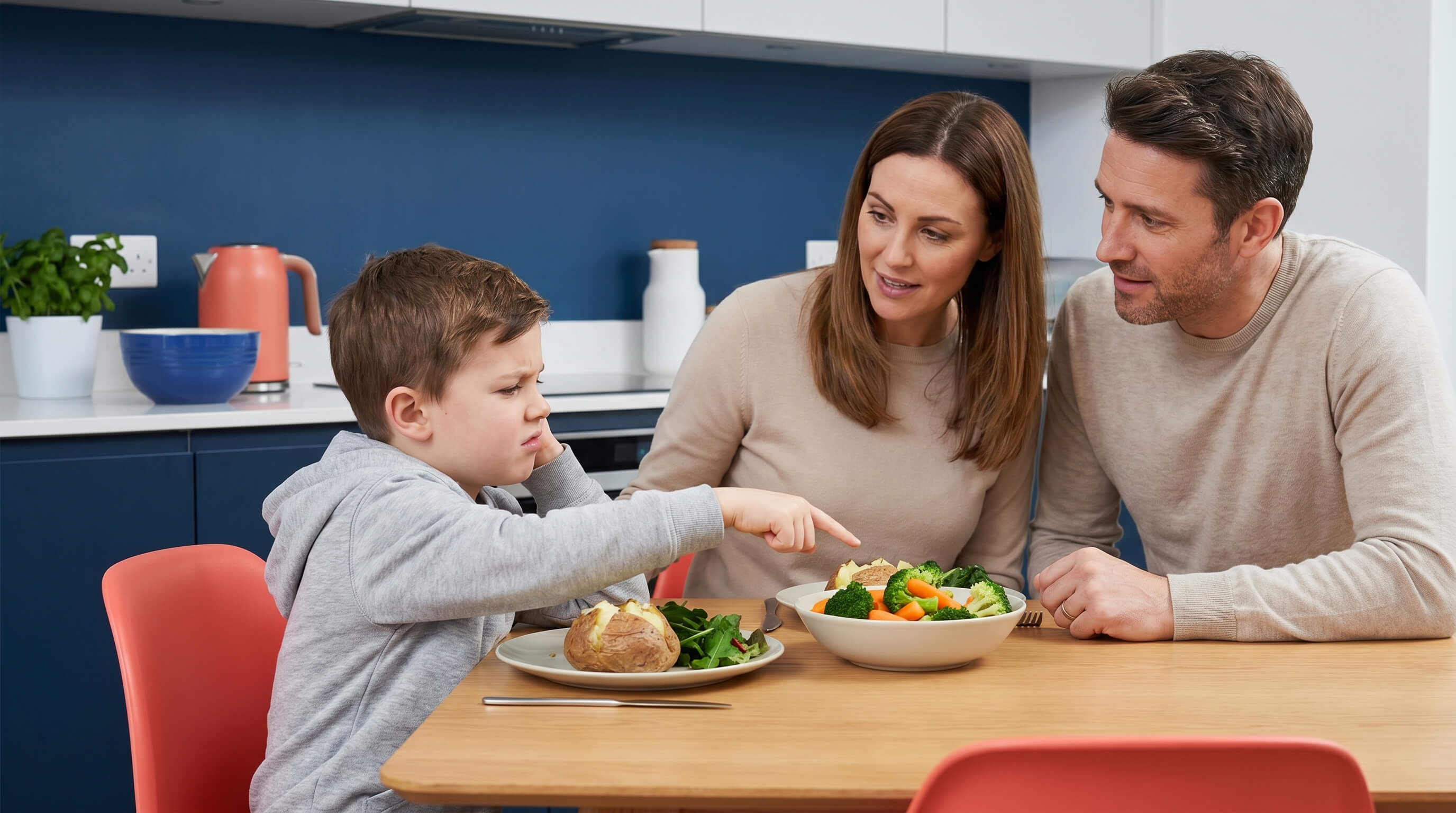 Kind sitzt mit Eltern an Küchentisch. Hat ein gesundes Essen vor sich und zieht ein unzufriedenes Gesicht. Eltern wollen ihn überzeugen Gemüse zu essen.