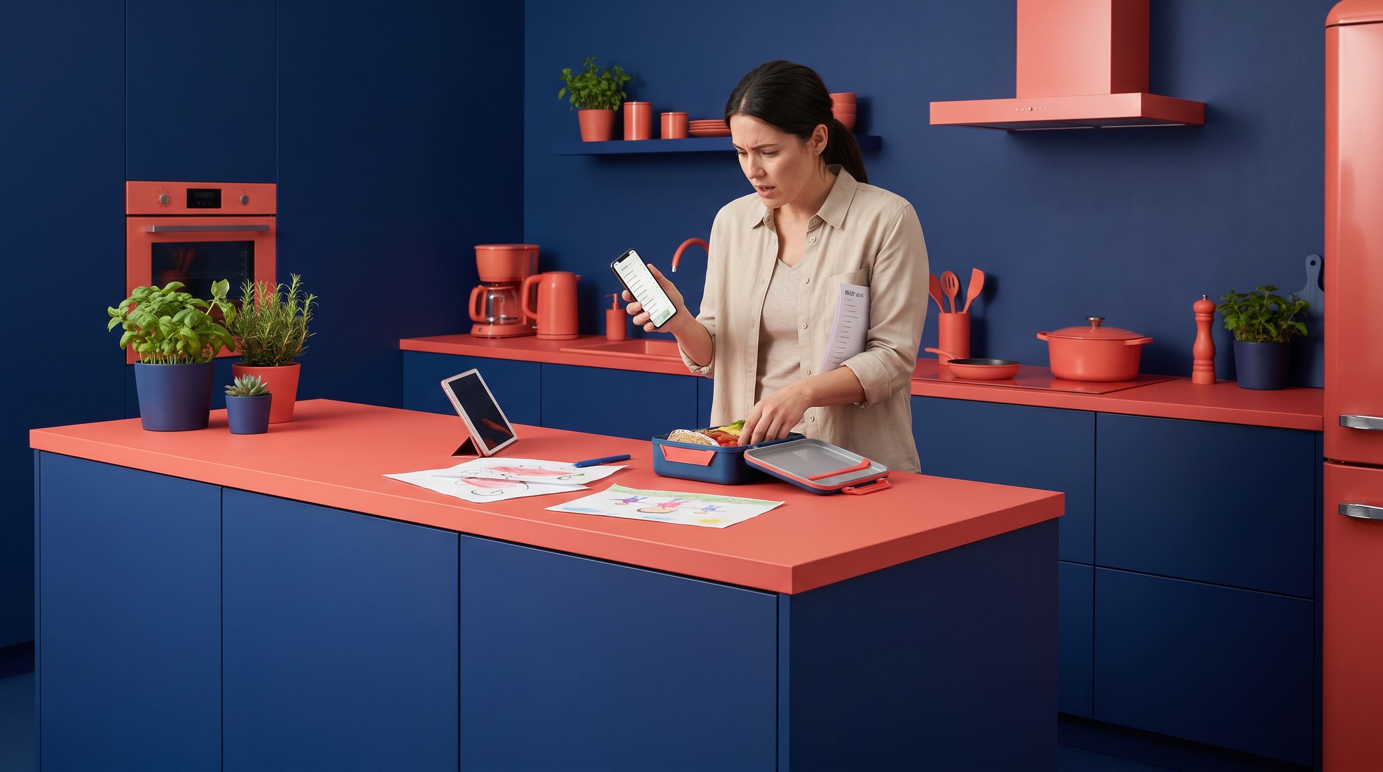 Frau steht in der Küche und guckt gestresst auf ihr Smartphone. Sie handelt zugleich die Brotbox der Kinder.