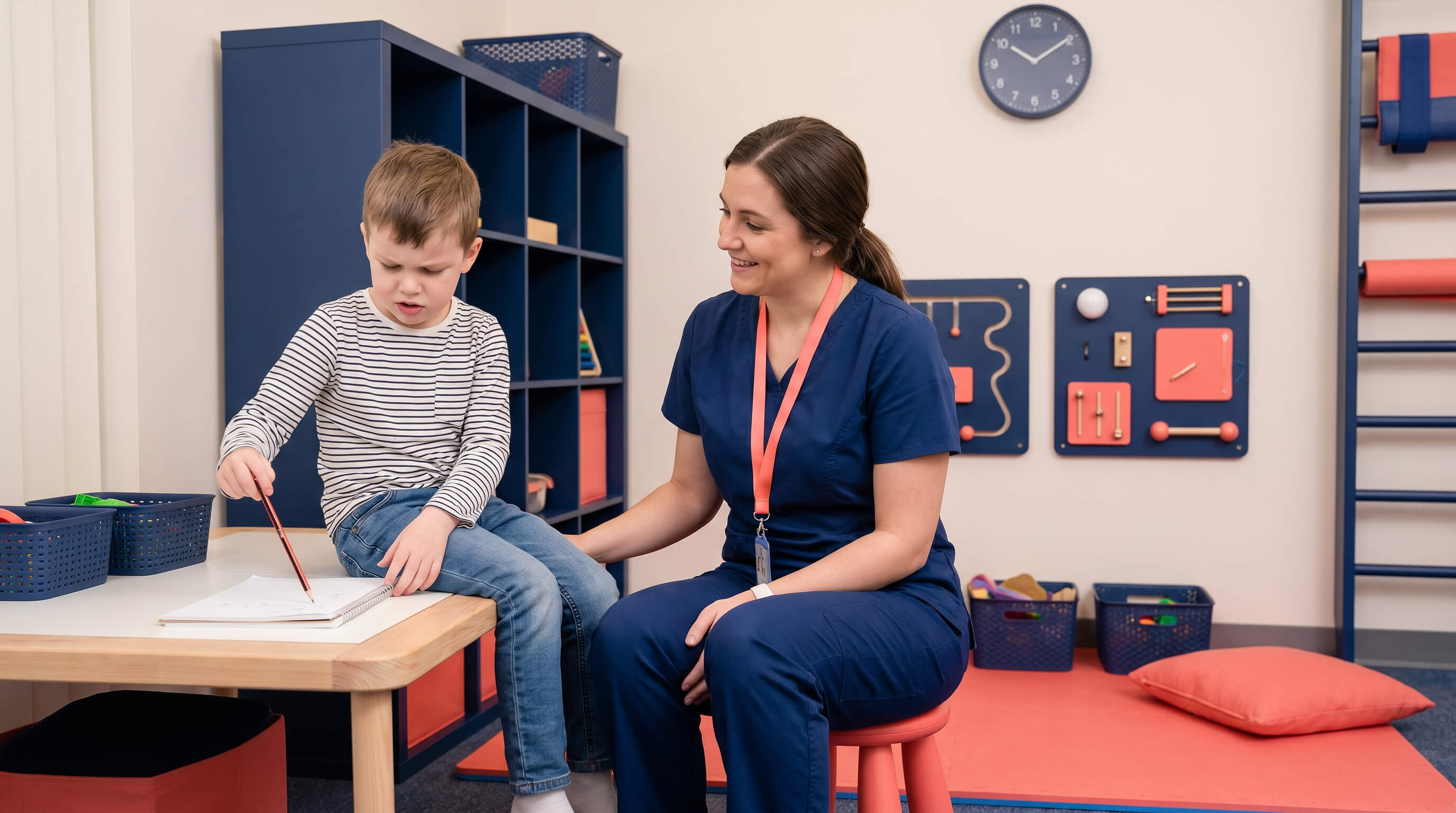 Junge in einer Therapiepraxis mit einer Trainerin. Er sitzt auf einem Tisch und versucht mit der nicht dominanten Hand zu schreiben.