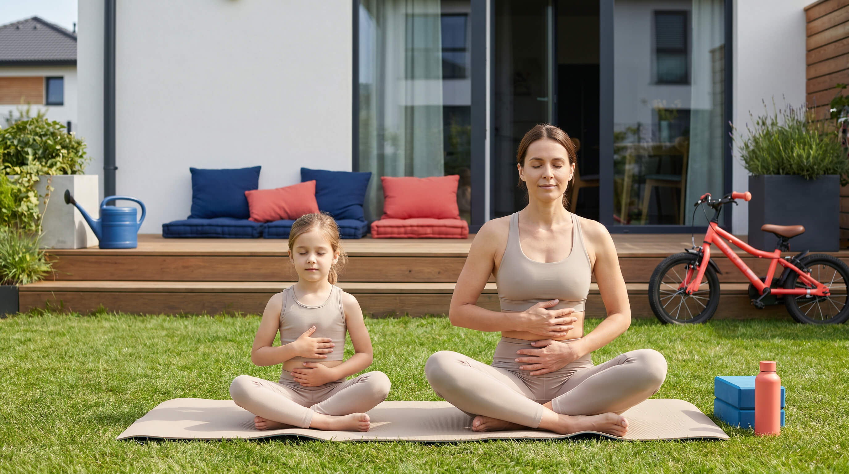Mädchen und Mutter auf einer Yogamatte im Garten. Sie machen Atmenübungen. Im Hintergrund eine Terrasse und ein modernes Haus. 