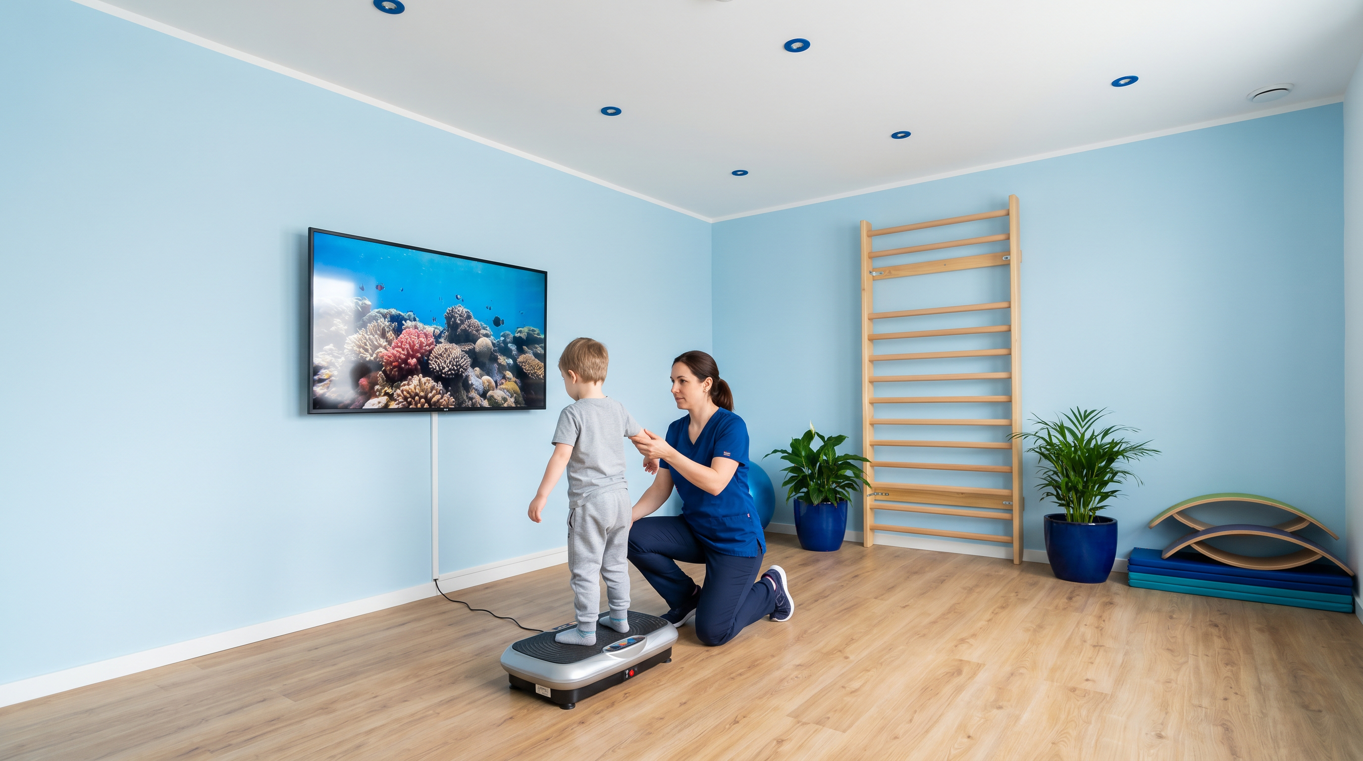 Kleiner Junge der zusammen mit Trainerin auf einem Balanceboard vor einem TV übt. Trainingsraum im Hintergrund.