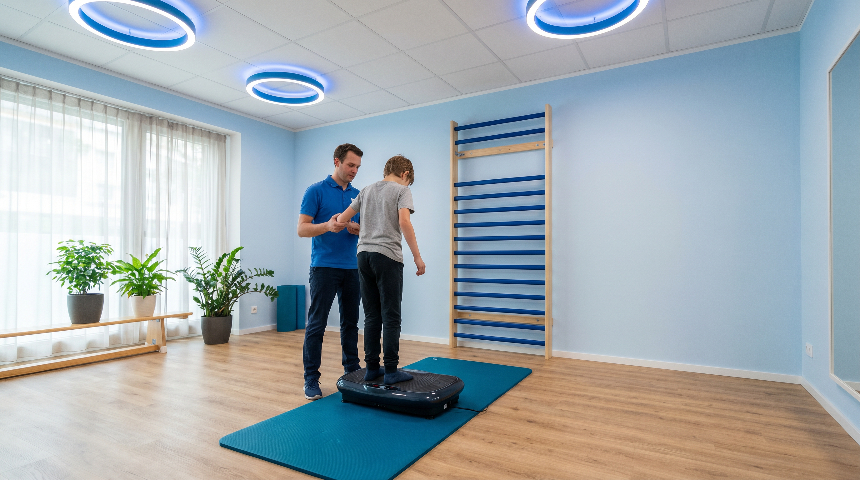 Junge trainiert auf einem Balanceboard mit einem Trainer. Im Hintergrund ist eine Sprossenwand zu sehen.