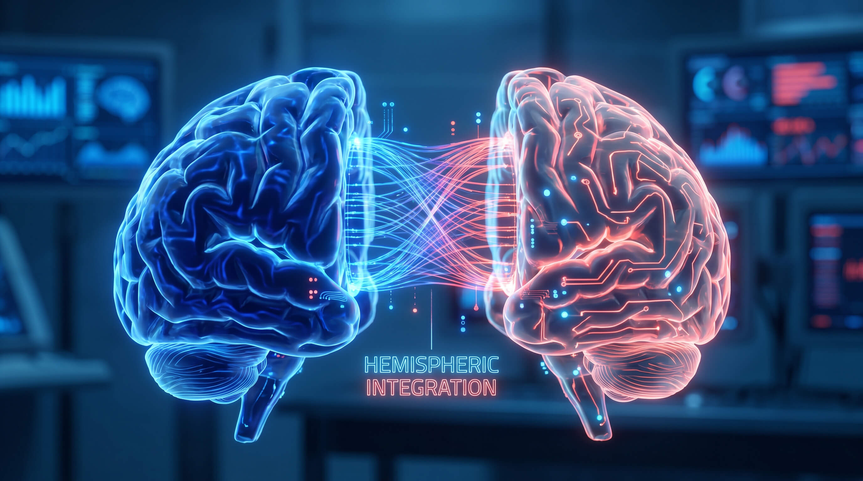 Grafik eines Gehirns das in zwei Teile geteilt ist. Links ist es blau, rechts rot. Soll die Hemisphärenintegration zeigen.