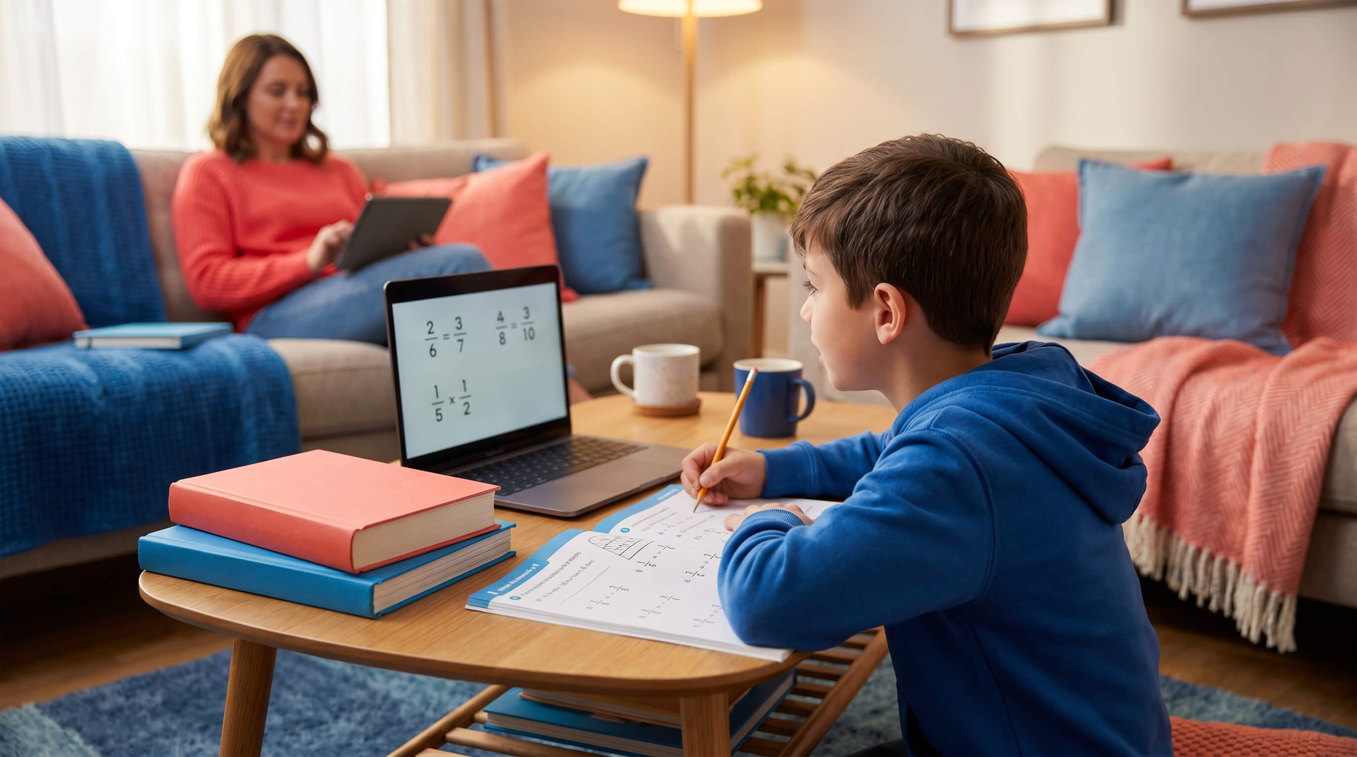 Ein Junge hat Homeschooling und arbeitet im Wohnzimmer an Matheaufgaben an einem Laptop.