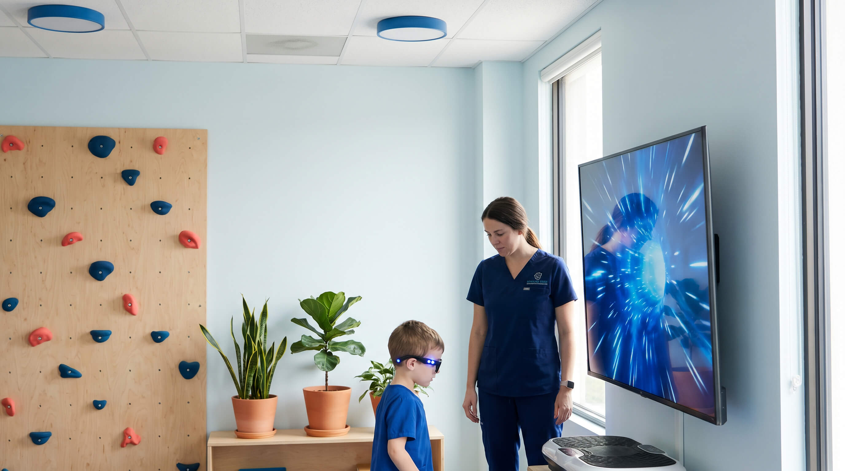 Kind mit virtueller Brille, dass vor einem Fernseher zusammen mit Therapeutin trainiert.