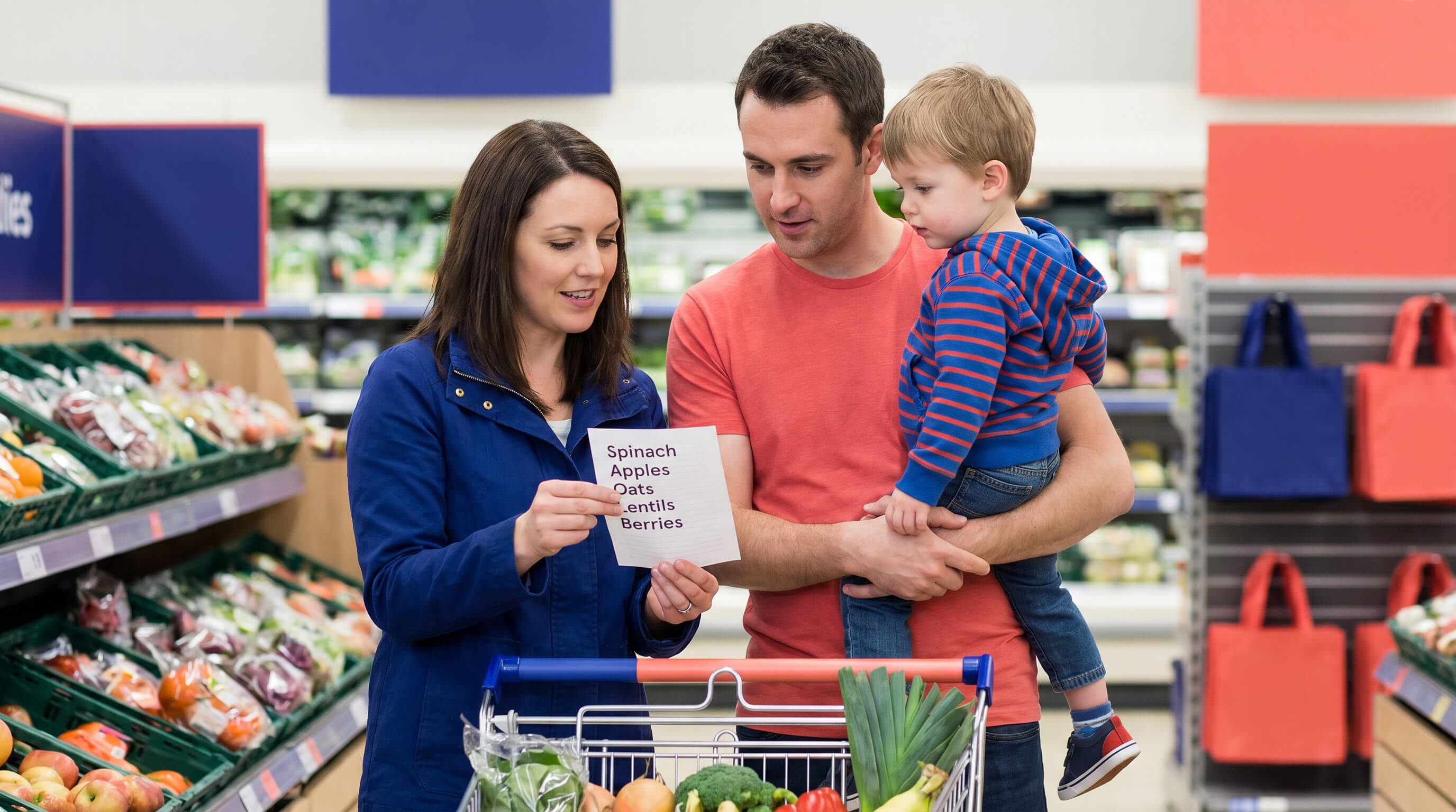 Familie in einem Supermarkt, mit einer Einkaufsliste mit gesunden Lebensmitteln.