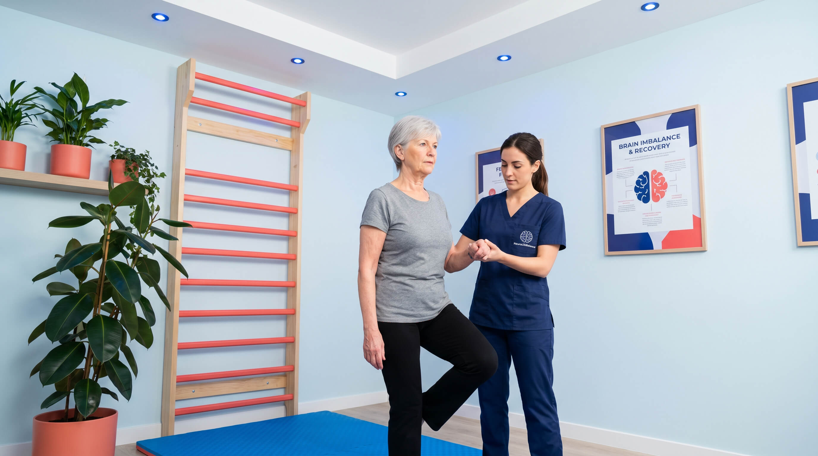Ältere Frau übt Balanceübung zusammen mit Therapeutin im NeuroLifeBalance Therapiezentrum. 