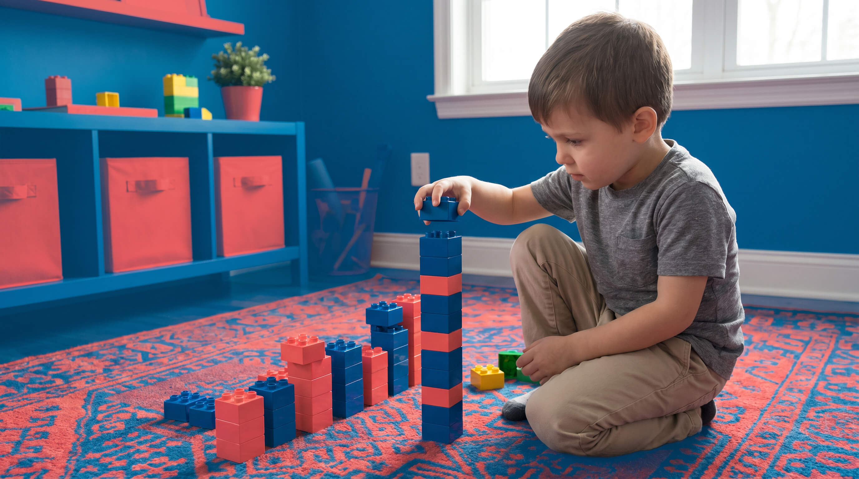 Kleiner Junge stapelt akkurat Legosteine in seinem Zimmer. Die anderen Steine sind sorgfältig aufgereiht und nach Farben sortiert.